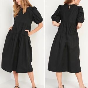 NEW Old Navy Poplin Midi Dress Black Tiered Puff Sleeves Cotton Popover S